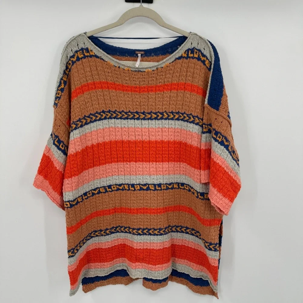 Free People Striped Knit Oversized Sweater Top Orange Pink‎ Blue Size S